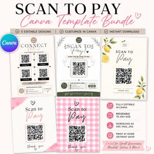 Könnte beinhalten: Ein digitales Paket mit fünf bearbeitbaren Scan to Pay-Vorlagen für Canva, die verschiedene Designs mit Platzhaltern für QR-Codes, Social-Media-Symbolen und Abschnitten für Geschäftsinformationen für kleine Unternehmen enthalten.