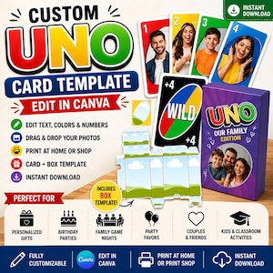 May include: A custom card game template featuring a purple box with a family photo, four colorful numbered cards with individual portraits, a wild plus four card, and a flat box layout design with a blue sky and green grass graphic pattern.