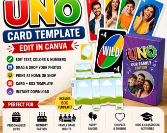 May include: A custom card game template featuring a purple box with a family photo, four colorful numbered cards with individual portraits, a wild plus four card, and a flat box layout design with a blue sky and green grass graphic pattern.