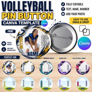 Può includere: Un modello circolare di spilla da balia per pallavolo Canva con un'area foto personalizzabile, campi di testo per nome e numero e un retro in metallo. Il design include accenti grafici blu e gialli, immagini di pallavolo e il testo 2026.