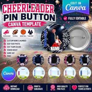 May include: A digital Canva template for a round cheerleader pin button featuring a dark blue stadium background, a photo placeholder of a cheerleader, the text NAME, 2026, and various customizable circular design options for team events.
