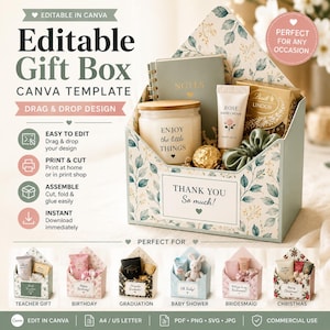 Puede incluir: Una plantilla de caja de regalo con forma de sobre y estampado de hojas botánicas, que contiene un cuaderno, una vela con la inscripción Enjoy the little things, crema de manos de rosa, un chocolate envuelto en oro y un coletero verde, con el texto Thank You So much.