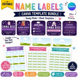 Puede incluir: Un paquete de plantillas de Canva para etiquetas de nombre que incluye cinco etiquetas cuadradas moradas con varios gráficos como unicornios y osos, y tres hojas de etiquetas en blanco con diseños de colinas verdes y cielo azul.