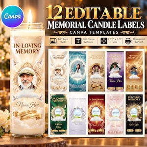 May include: A set of 12 editable memorial candle label templates for Canva, featuring the text 12 Editable Memorial Candle Labels. The designs include various color schemes, ornate gold frames, clouds, and doves, with a 2.76 inch by 6.5 inch size.
