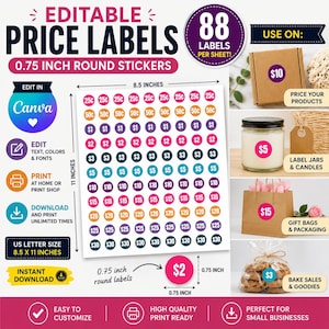 Peut inclure: Un modèle numérique pour 88 étiquettes de prix rondes modifiables mesurant 1,9 cm chacune sur une feuille de 21,6 par 27,9 cm. Le design présente des autocollants circulaires colorés avec diverses valeurs monétaires, compatibles avec Canva.