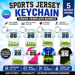 Op de afbeelding: Een digitaal sjabloonpakket voor sportshirt-sleutelhangers met 5 bewerkbare ontwerpen. Elke sleutelhanger-afbeelding toont de tekst NAME en het nummer 26. De lay-out bevat iconen voor het bewerken van namen, nummers, kleuren en foto's, met instructies voor het printen.