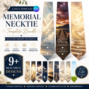 May include: A digital template bundle for memorial neckties featuring nine distinct designs with imagery of clouds, sunsets, wooden piers, doves, and stairways to heaven. The text includes phrases like In Loving Memory of a Beautiful Soul.