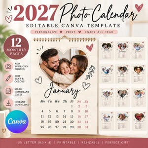 Puede incluir: Una plantilla de calendario fotográfico 2027 para Canva con 12 páginas mensuales, marcos de fotos en forma de corazón, texto negro y detalles en rosa. El diseño incluye campos personalizables para fotos, texto y fechas, listo para imprimir.