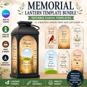 May include: A black metal lantern featuring a memorial template insert with the text Always in our Hearts and In Loving Memory. The bundle includes six arched printable designs with various floral, cardinal, and sunset graphics for DIY assembly.