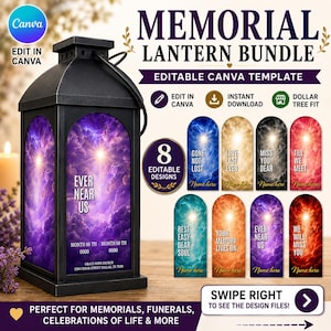 May include: A black metal lantern featuring a purple cloud-themed insert with the text EVER NEAR US, MONTH 00 TH 0000, and GRACE HOPE CHURCH. The bundle includes eight editable Canva templates with various cloud designs and memorial phrases.