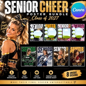 May include: A digital poster bundle for Senior Cheer Class of 2027 featuring eight unique templates. The designs include placeholders for photos and text, with various color schemes and athletic themes displayed in a grid layout.