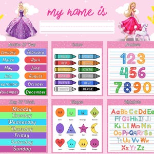 May include: A pink educational poster featuring Barbie characters, a blank line for a name, and sections for months, days, colors, numbers, shapes, and the alphabet. The design includes illustrations of cars, hearts, a crown, and a poodle.