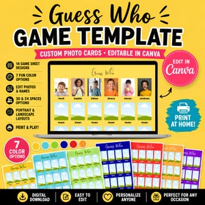 Pode incluir: Um modelo digital do jogo Guess Who exibido numa tela de portátil e em folhas impressas em sete cores. O modelo inclui espaços personalizáveis para cartões com fotos, etiquetas de nomes e campos de texto editáveis com fundo amarelo.
