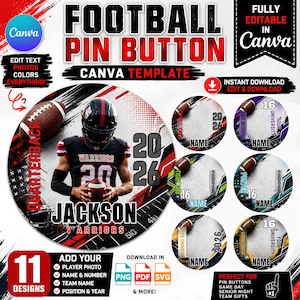 May include: A digital Canva template for a round football pin button featuring a graphic of a quarterback in a black and red uniform. The design includes text elements like FOOTBALL PIN BUTTON, 2026, and placeholders for names, numbers, and team positions.