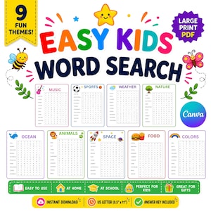 Könnte beinhalten: Ein digitales Wortsuchrätsel für Kinder mit dem Titel Easy Kids Word Search. Es enthält neun thematische Raster, darunter Musik, Sport, Wetter, Natur, Ozean, Tiere, Weltraum, Essen und Farben. Das Dokument ist im US-Letter-Format 21,6 mal 27,9 cm.