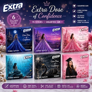 以下が含まれることがあります： Extraシュガーレスガムの長方形パッケージ6個。ボールガウンを着たプリンセス、人魚、黒鳥、卒業生などのユニークなデザインが施されています。各パッケージには15本のガムが入っており、Extra Dose of Confidenceというテキストが記載されています。
