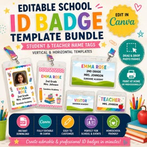Puede incluir: Un paquete de plantillas editables para tarjetas de identificación escolar con etiquetas de nombre verticales y horizontales para estudiantes y profesores. El diseño incluye gráficos coloridos de útiles escolares y Canva.