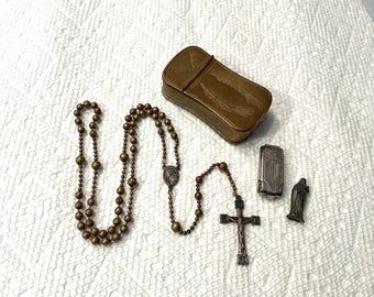WWII Military Issued Rosary w/ Casket and St. Theresa Statue