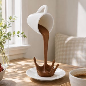 May include: A white ceramic coffee cup suspended in the air, pouring a solid brown liquid stream onto a matching white saucer. The brown liquid forms a sculpted splash effect at the base, creating a gravity-defying decorative sculpture.