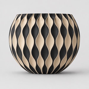 May include: A spherical vase featuring a repeating vertical pattern of alternating matte black and cream-coloured wavy ridges. The design creates a textured, undulating surface that wraps around the entire rounded body of the vessel.