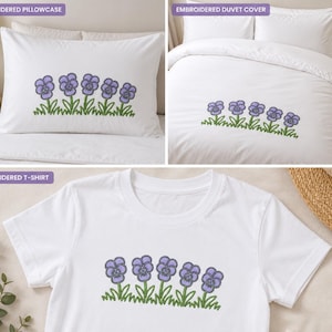 Bordo ricamato con viola del pensiero viola / Motivo floreale ricamato a macchina / Federa, copripiumino, t-shirt