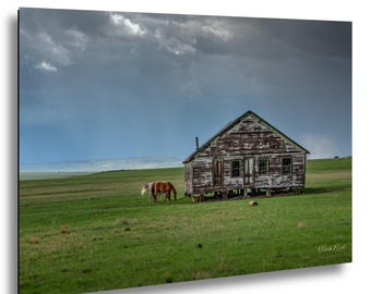 New Mexico Farmhouse Landscape Photo: Horses, Storm Clouds, Rural Wall Art