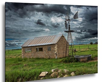 New Mexico Stone Barn and Windmill Print: Stormy Landscape Wall Art