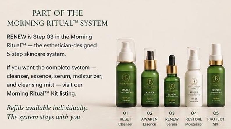 Op de afbeelding: Vijf huidverzorgingsflesjes met de labels 01 Reset Cleanser, 02 Awaken Essence, 03 Renew Serum, 04 Restore Moisturizer en 05 Protect SPF. De flesjes maken deel uit van het Morning Ritual systeem en hebben groene en witte verpakkingen met pompjes.