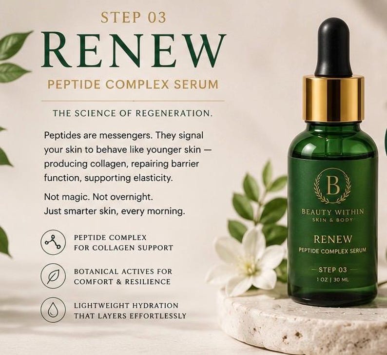 Op de afbeelding: Een groene glazen druppelfles met Beauty Within Renew Peptide Complex Serum, 30 ml | 1 oz. Het etiket bevat de tekst 'STEP 03 RENEW PEPTIDE COMPLEX SERUM'. De fles heeft een gouden kraag en een zwarte druppelaar, weergegeven met tekst.
