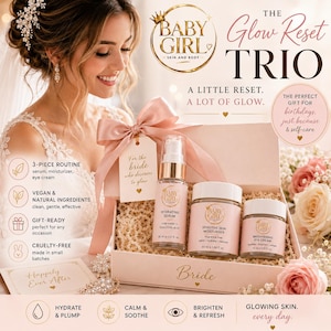 Kit de Presente Glow Reset Trio para Cuidados com a Pele | Kit de Autocuidado para Aniversário | Sérum Facial Vegano, Hidratante e Creme para Olhos | Presente de Beleza Natural para Ela