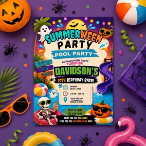 May include: A rectangular party invitation flyer titled Summerween Party Pool Party for Davidson's 10th Birthday Bash on 9 July 2025, from 2:00 pm to 6:00 pm at Splash Zone Pool, 123 Summer St., Funfield, CA 12345, featuring a skeleton in a swimming pool.