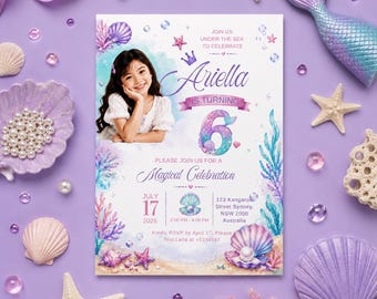 Mermaid 6th Birthday Invitation with Photo, Under the Sea Birthday Party for Girls, Sixth Ocean Birthday Invite, Editable Canva Template