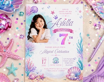 Girls Mermaid Birthday Invitation with photo, Under the Sea Party Theme Invite, Kids Ocean Birthday Invite, Pink Purple Editable Template