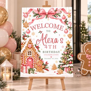 Weihnachts- und Geburtstagsschild mit Lebkuchenhaus-Motiv, Poster für Kindergeburtstage mit Lebkuchenhaus-Motiv, bearbeitbare und druckbare Canva-Vorlage von Coquette