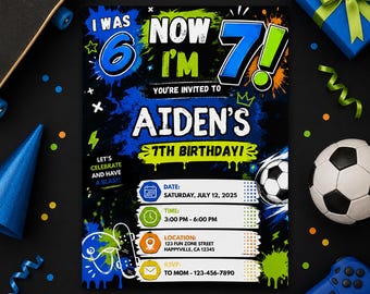 Six Seven Soccer Birthday Invitation, I Was 6 Now 7 Birthday Party Invite, Boy 7th Birthday Soccer Theme, Editable Canva Template