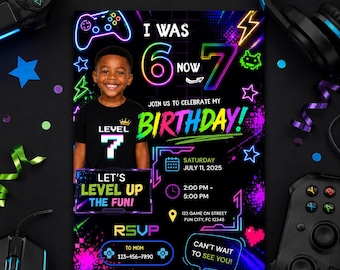 Six Seven Meme Gamer Birthday Invitation with Photo, Glow Boy 7th Birthday Party Invite, I Was 6 Now 7, Editable Canva Template