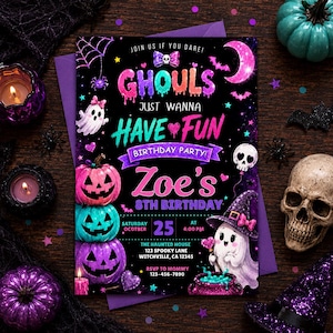 Inbjudan till Halloween-födelsedag för barn för flickor, spöken vill bara ha kul, söt läskig festinbjudan, redigerbar digital Canva-mall
