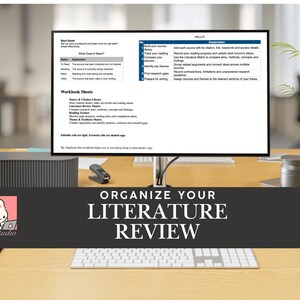 May include: A computer monitor displaying a literature review workbook guide with tables and text. The screen shows sections titled Start Guide, Workbook Sheets, and a numbered explanation list. A black banner at the bottom reads ORGANIZE YOUR LITERATURE REVIEW.