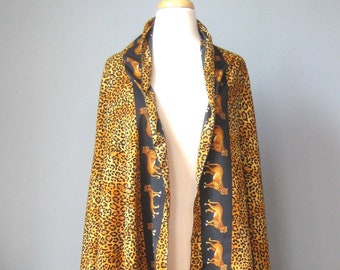 Leopard Animal Print Scarf / Vtg / Very Large Fringed Black and Gold Oblong Scarf / Sarong