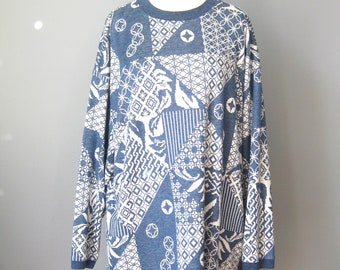 Patchwork Print Top / Vtg 70s / Cadet Blue pullover sweater / long sleeve / tunic length / plus size