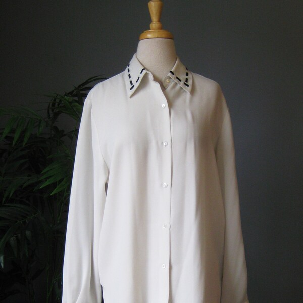 Pendleton Contrast Trim White Blouse / Vtg 90s / White and Black Career white blouse