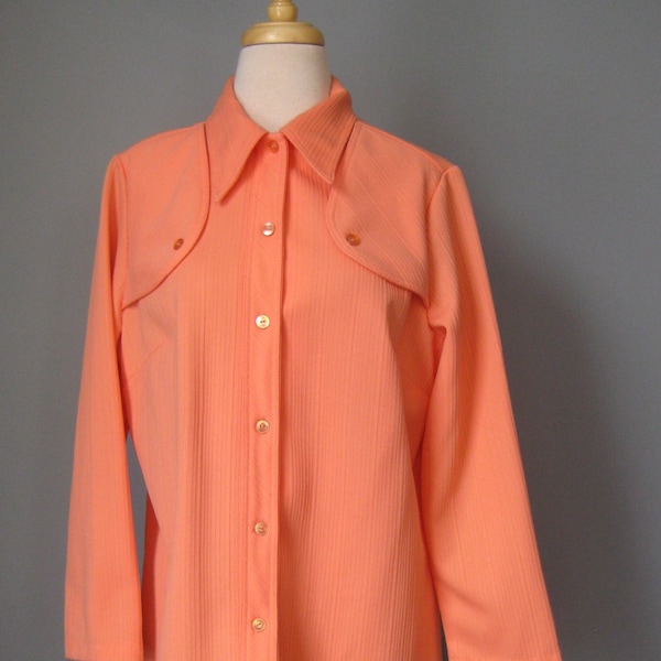 Orange Buttondown Shirt / vtg 70s / Polyester Knit Orange blouse