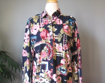 Floral Print Buttondown / Vtg 80s / Forenza Cotton Shirt Navy with print flowers soutwestern