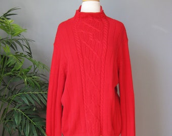 Red Cable Knit Sweater / Vtg 80s /  Pendleton Red Cotton Funnel Neck pullover sweater