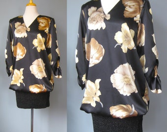 Blouson Dress / Vtg 80s /Sciasia Black and Gold Satin Dress with stretchy tight mini skirt