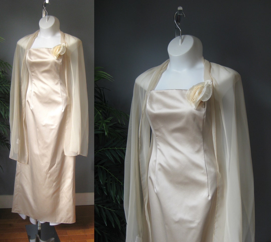 Allen Schwartz Satin Gown / Vtg 00s / off White Heavy Strapless Satin
