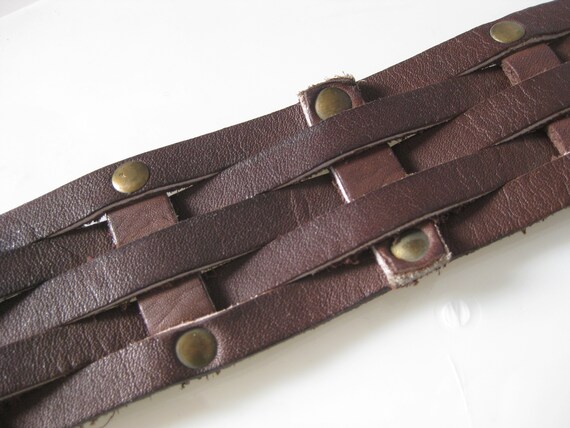 Brown Leather Belt / Vtg / Wide Woven Brown leath… - image 4