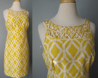 Lilly Pulitzer Cocktailn dress / Vtg 90s / Yellow and White Silk cotton blend geometric print Sheath dress Cage style dress