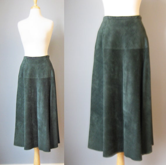 Green Suede Midi Skirt / Vtg 80s / Carole Reed Bot