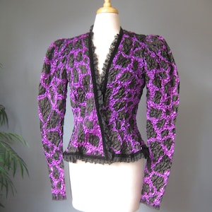 Purple Evening Jacket / Vtg 80s / Extravagant Bubble Jacket by Farinae Purple Dark Green and Black Size M